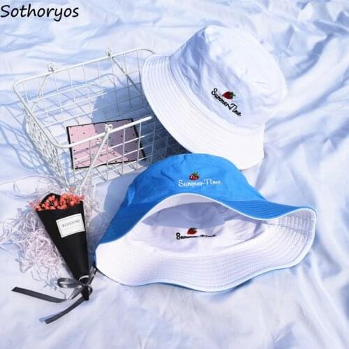 Bucket Hats Women Simple Letter Double-sided Leisure Korean Style Harajuku Womens Black Hat All-match Students Embroidery Caps