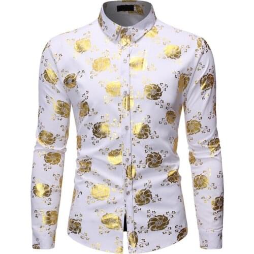 Luxury Gold Floral Print Button Up Shirt Men 2021Brand Slim Fit Long Sleeve Shirt Mens Party Nightclub Wedding Prom Dress Shirts