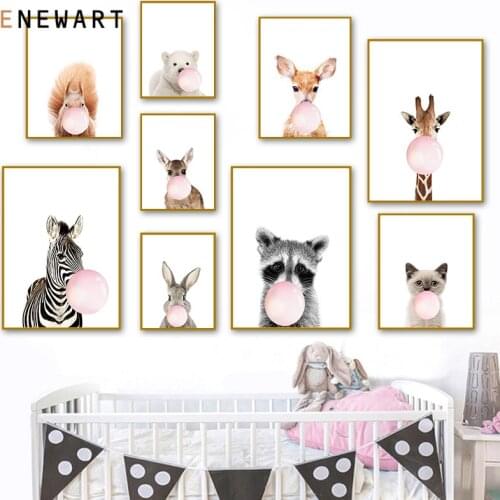 Pink Bubble Animal Bear Zebra Posters and Prints Canvas Painting Wall Art Nursery Decorative Picture Nordic Kids Room Decor
