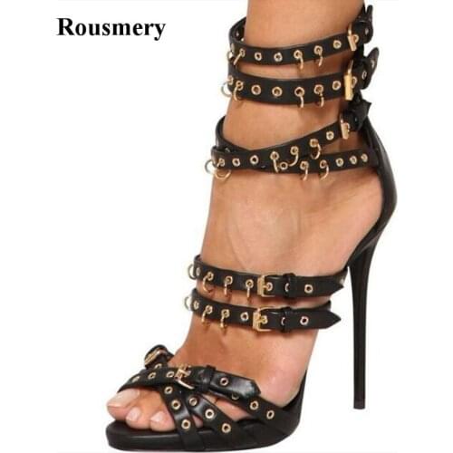 New Fashion Women Open Toe Metal Chain Strap Cross Gladiator Sandals Buckle Design Super High Heel Sandals Dress Shoes