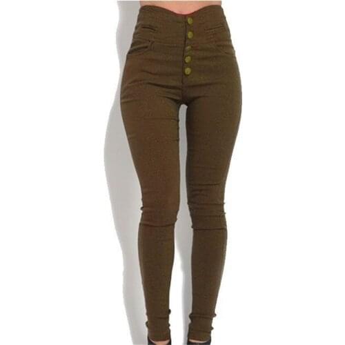 Button Sexy Elastic Pants Wholesale Full Length High Waist Black Brown Military Green Skinny Trouser
