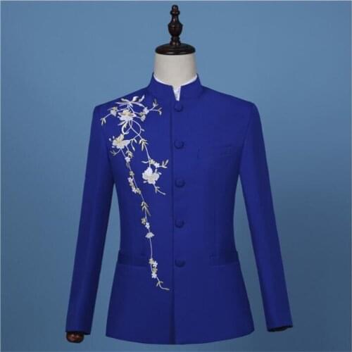 Blue embroidery blazer men groom suit mens Chinese style retro tunic suits costume singer stage slim clothing formal dress