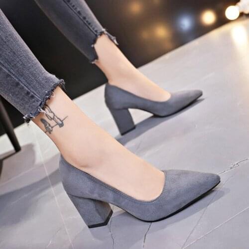 Women Pumps Flock Sweet Thick High Heels 7.5CM Female Sexy Office Pointed Toe Dress Work Pump Cute Shoes Ladies Plus Size 35-43