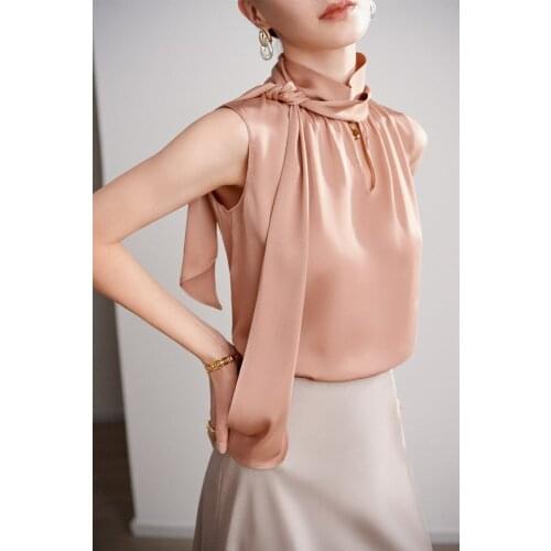 Silk Shirt Women Mulberry Silk Shirt Sleeveless Spring 2021 New Bow Ribbon Fashion Solid Color Lady Top
