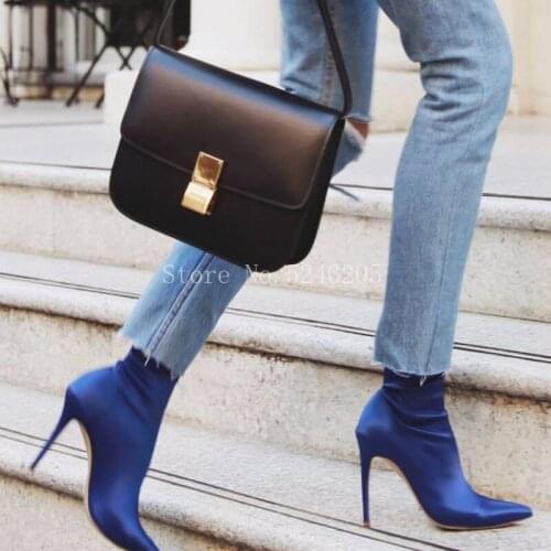 Hot Sales Extremely Pointed Toe High Heels Women Ankle Boots Luxury Designer Women Shoes Spandex Skinny Fashion Women Boots