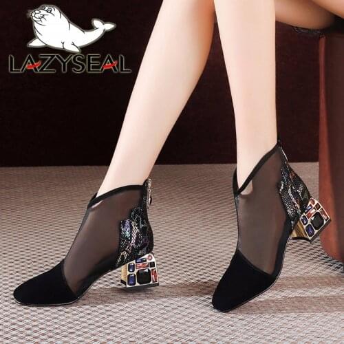 LazySeal Diamond Heels Womens Boots Air Mesh Zip Breathtable Bling Fashion Shoes Pointed Toe Ladies Summer Boots