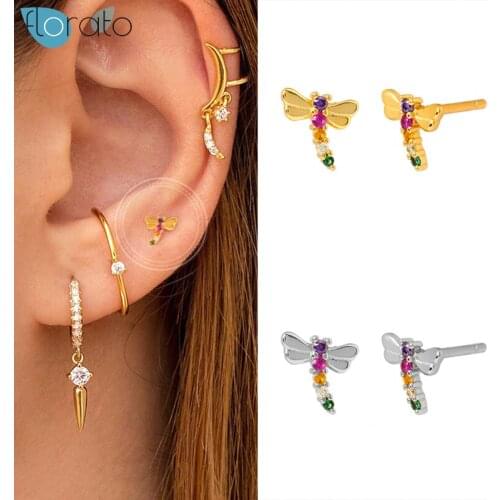 925 Sterling Silver Dragonfly Stud Earrings for Women Rainbow Crystal Tiny CZ Earrings Korean Fashion Females Jewelry Gift