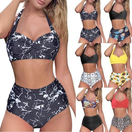 Women Ladies Push Up Padded Bra Bikini Set Two Piece Retro Halter Print Bandage Swimsuit Bathing Suit Maillot De Bain Femme 2021