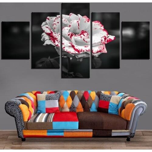 5 Pieces Flowers Canvas Painting White Rose With Red Color Wallpapers Plants Posters Pictures For Home Decor Artwork Frame