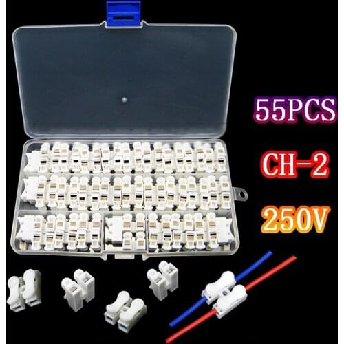 55pcs CH2 Wire Connector Quick Splice Lock Wire Connectors 2Pin Electrical Cable Terminals 19.5x17x13.5mm Led Strip Adapter Wire