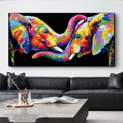 Abstract Animals Colorful Elephant Canvas Paintings Wall Art Posters and Prints Couple Elephants Pictures for Living Room Decor