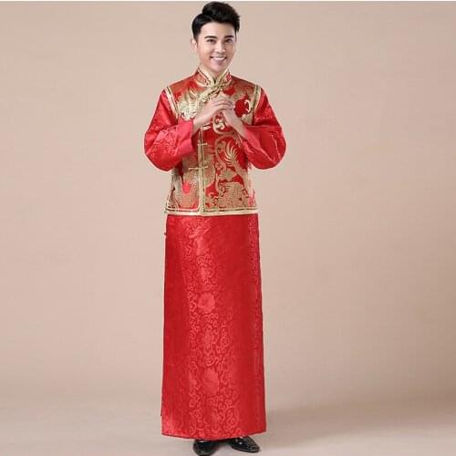 Groom Embroidery Satin Cheongsam Mariage Oriental Costumme Traditional Chinese Clothing For Men Gold Brocade Gown Tang Suit
