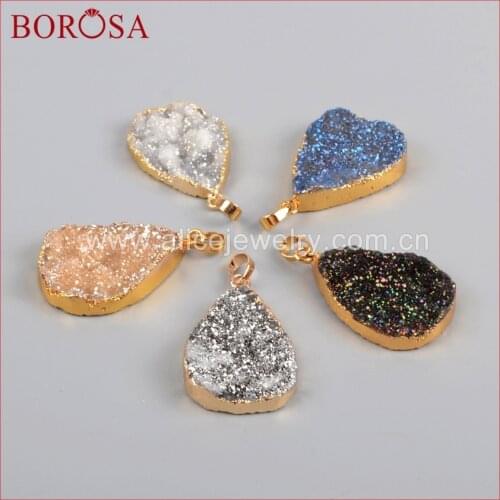 BOROSA Crystal Drusy Water drop Shape Pendant Beads, Fashion Gold Color Teardrop Mix Color Titanium Druzy Pendant G1190