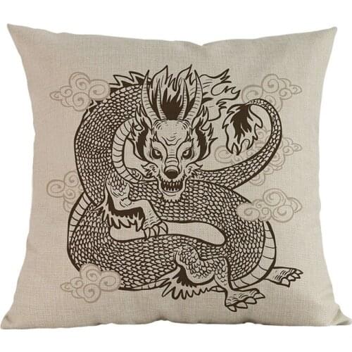 Beige Background Chinese Dragon Loong Pattern Linen Throw Pillow Case Home Sofa Room Car Decorative Cushion Cover 45x45cm