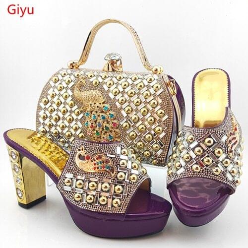 Doershow New Ladies Italian Shoes and Bag Set purple African Shoes and Matching Bags Italian Nigerian Shoes and Bag SYG1-22