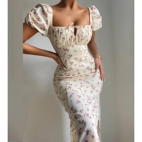Elegant Summer Slit Dress Robe Women Casual Floral Print Maxi Dress Boho Beach Style Long Dress Lace Up Front Vestido Feminino