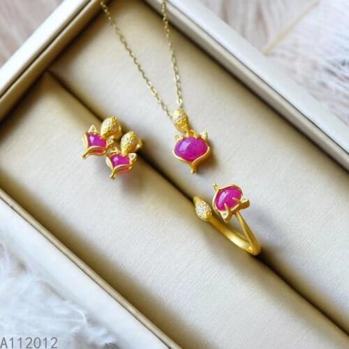 KJJEAXCMY fine jewelry natural ruby 925 sterling silver exquisite girl fox new pendant necklace earrings ring set support test
