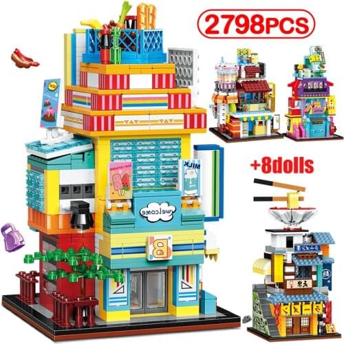 City Street View Mini 4 In1 Milk Tea Shop Building Blocks Friends Architecture Figures House Bricks DIY Toys For Girls Children