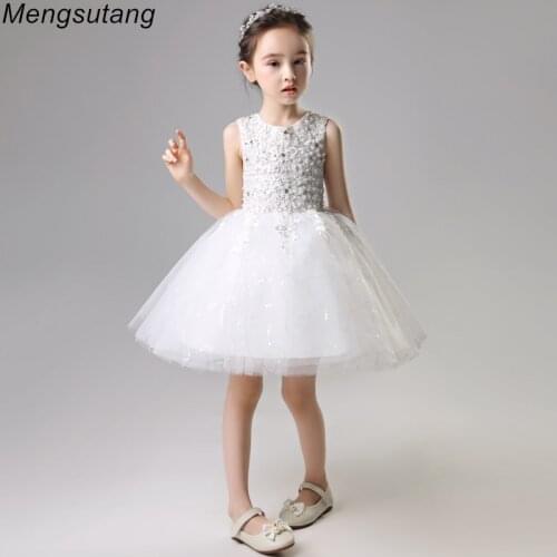 2019 Summer White Bead Decoration Flower Girl Dresses Princess Wedding performance pageant gowns girls Prom Party sequin dress