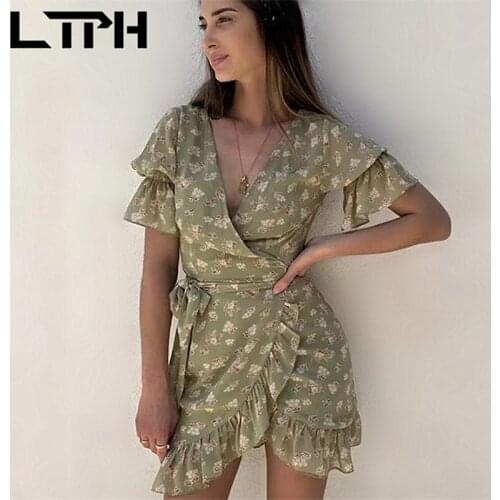 LTPH vintage floral chiffon dress women Irregular ruffles flare sleeve lace-up slim ins casual elegant dresses 2021 autumn new