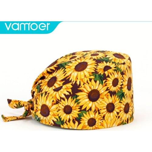 Reusable cotton scrubs caps flowers printing scrubs hats Elastic adjustable Laboratory work cap Dentist nursing hats