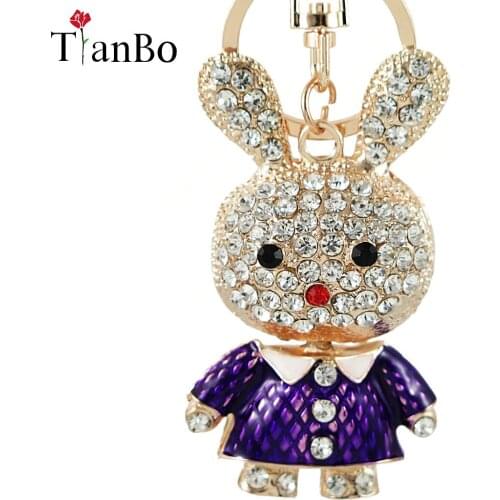 Fashion cartoon naughty rhinestone rabbit key chains cute bunny car keychain crystal clear long-eared rabbit animal key chain