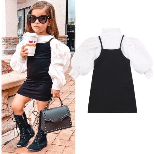 Fashion Autumn Kids Baby Girl Clothes Sets Solid Color Mock Neck Long Puff Sleeve Ribbed Tops+Suspender Dress Party Outfit 1-6Y