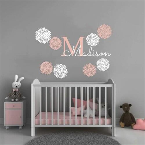 Monogram wall decals Nursery name sticker Baby girl room wall decals White and pink wall mural Dahlia flower wall sticker HY270