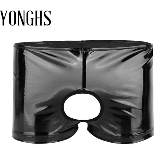 Mens Erotic Lingerie Underwear Shiny Patent Leather Open Butt Low-rise Shorts Hot Sexy Male Underwear Underpants with Front Hole