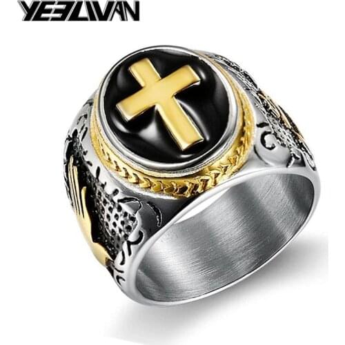 Vintage Personality Retro Religion Cross Mens Ring Punk Style New Stainless Steel Male Party Finger Jewelry Accessory Size 7-15
