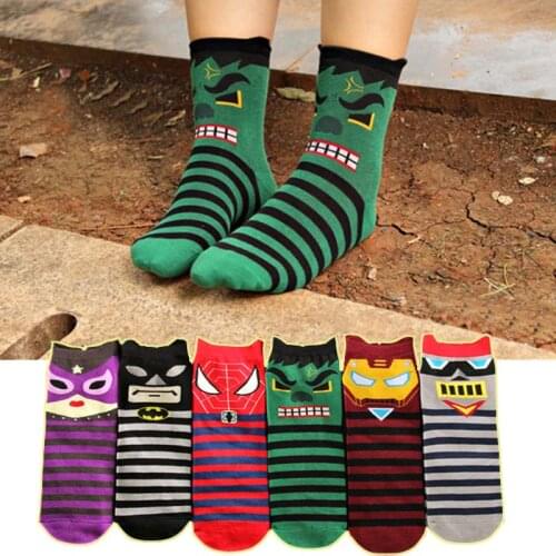 6pairs/lot women cartoon socks autumn-winter streetwear superheroes cotton sock womens and ladies korean style striped socks