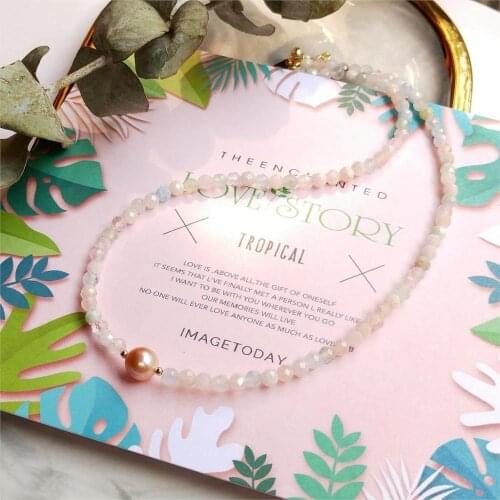 Lii Ji Natural Stone Morganite 4mm Sparkling Beaded with Freshwater Pearl Necklace 40+5cm