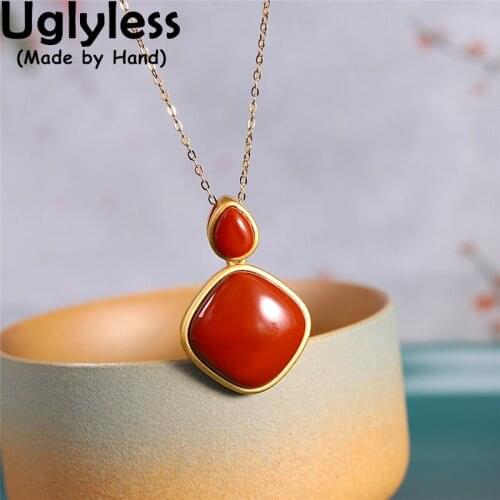Uglyless Simple Geometric Necklaces for Women Nature Meaty Agate Water Drop Square Pendants 925 Silver Simple Dress Jewel +Chain