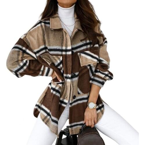 Coat Women Turn Down Collar Long Sleeve Pockets Single-breasted Plaid Jacket Coat