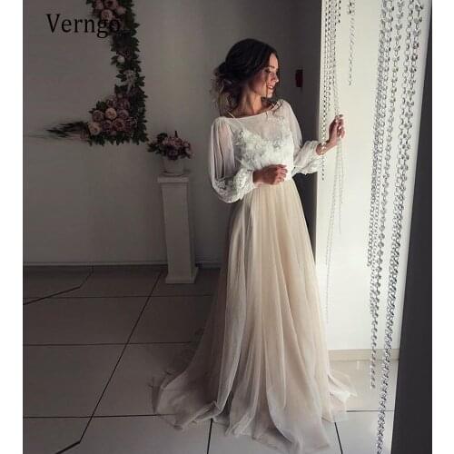 Verngo Vintage Ivory Lace Applique Tulle Boho Wedding Dress Puffy Long Sleeves Scoop Neck Champagne Skirt Garden Bride Gowns