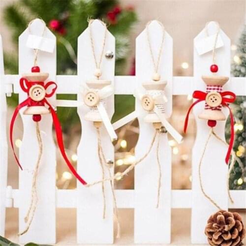 Christmas Wooden Pendants Ornaments DIY Wood Craft Xmas Tree Button Bow Ornaments Christmas Party Decorations Kids Gift