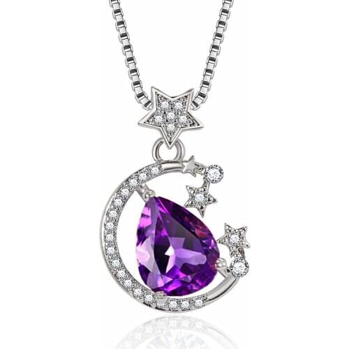 Chic Stars Moon Purple Crystal Amethyst Diamonds Gemstones Pendant Necklaces for Women 18k White Gold Filled Jewelry Choker Gift