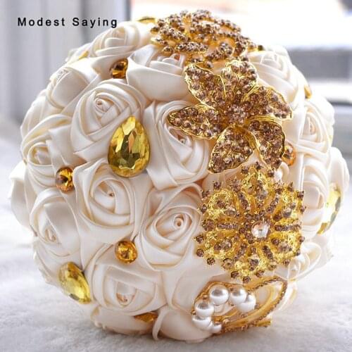 New Arrival Gold Artificial Rose Crystal Wedding Bouquets 2018 Romantic Red Bridal Flowers Wedding Decorations ramo de novia