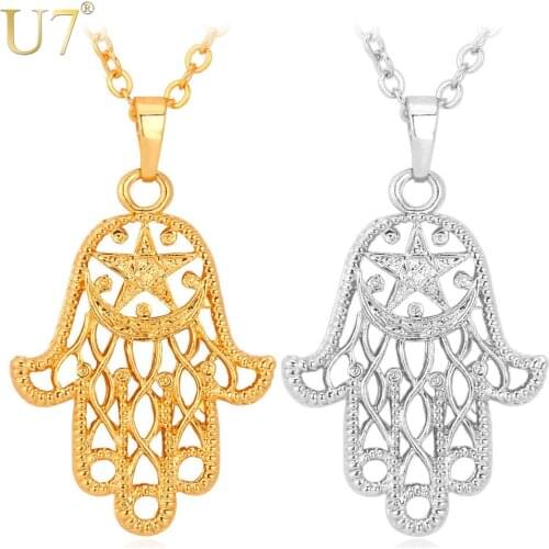 U7 Hand of Fatima Pendant Gold Color Unisex Women/Men Jewelry Pentacle Figure Hamsa Hand Necklace Wholesale P472