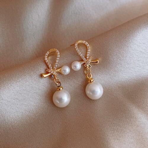 Korean Elegant Wild Long Rhinestone Pearl Bow Heart Shaped Dangle Earrings Ins for Female 2021 Trend Earings Dress Decor