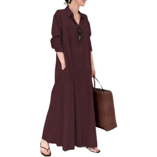 Vintage Autumn Loose Maxi Dress Solid Color Single-breasted Lapel Sundress Long Sleeve Vestidos Casual Bagyy Dresses Femme