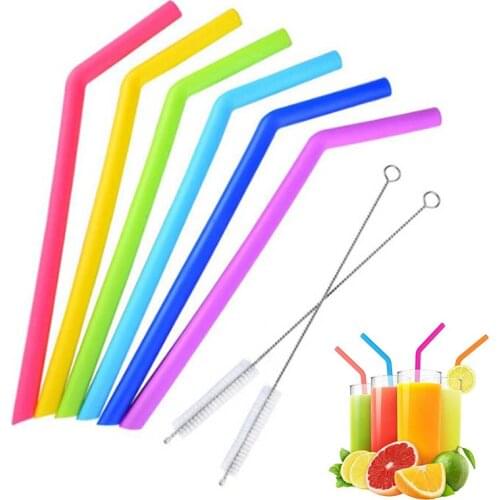 Visual Touch Set of 6pcs Reusable Silicone Straws Food Grade Silicone Flexible Bent Straight Drinking Straws With Cleaner Brush