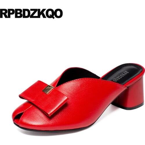 Plus Size Mules Slipper Medium Genuine Leather Chunky Fish Mouth Pumps Beige Handmade Women Shoes Bow Sandals Vintage Peep Toe