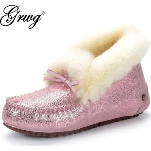 Top Quality Genuine Leather Women Flat Shoes Comfortable Winter Warm Natural Fur Snow Shoes Fashion Non-Slip Women Shoes