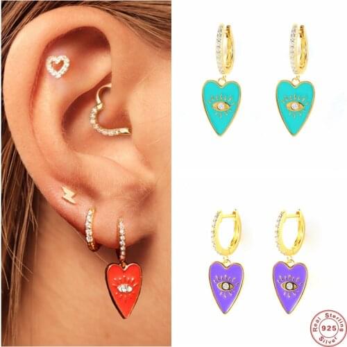 Aide 925 Sterling Silver Colored Cyan Blue Purple Enamel Heart Pendant Dangle Earrings For Women Luxury Zircon Circle Earrings