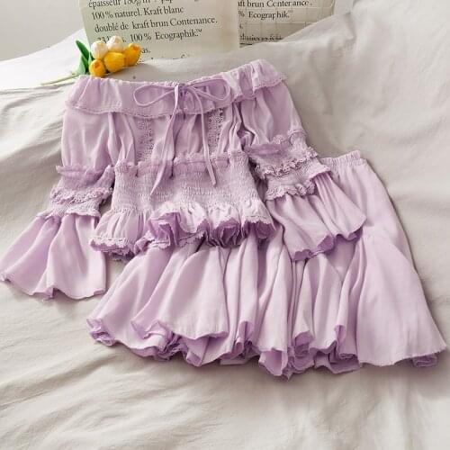 Korean Fashion Set Women Suit Bow Lace Up Slash Neck Slim Skirt Violet Elastic Waist Mini Women 2 Sets Clothing With Skirt White