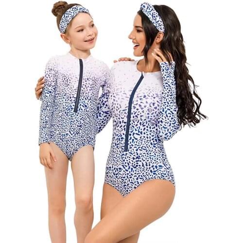 Mama&Kids Piece Swimsuit With Hairband Family Matching Bikini Long Sleeve Bodysuit Headwear Set Beach Bathing Suit Swimming 2021