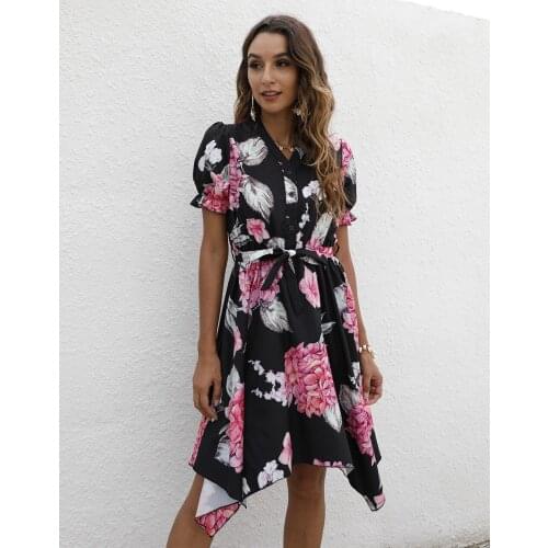 Women Summer Print Dresses Robe Femme Irregular Single-Breasted Bandage V-Neck Short Sleeve Y2K Dress For Woman Vestido De Mujer