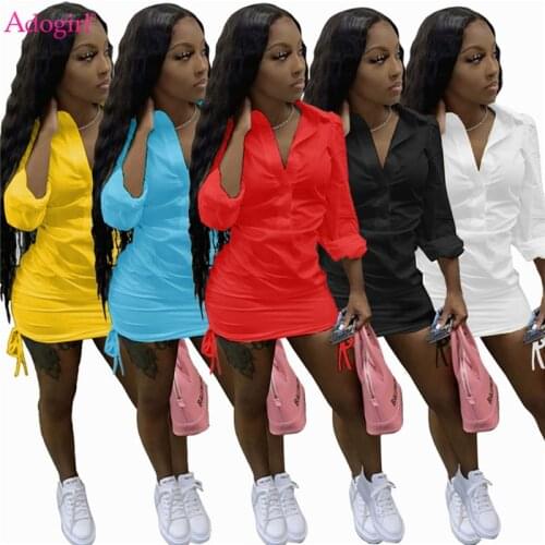 Adogirl Women Solid Shirt Dress Sides Drawstring Buttons Turn Down Collar Long Sleeve Casual Blouse Female Blusas All Matching