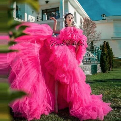 Fashion Hot Pink High Low Tiered Tulle Women Formal Event Dress One Shoulder Puffy Ruffles Long Prom Gowns Bridal Dress